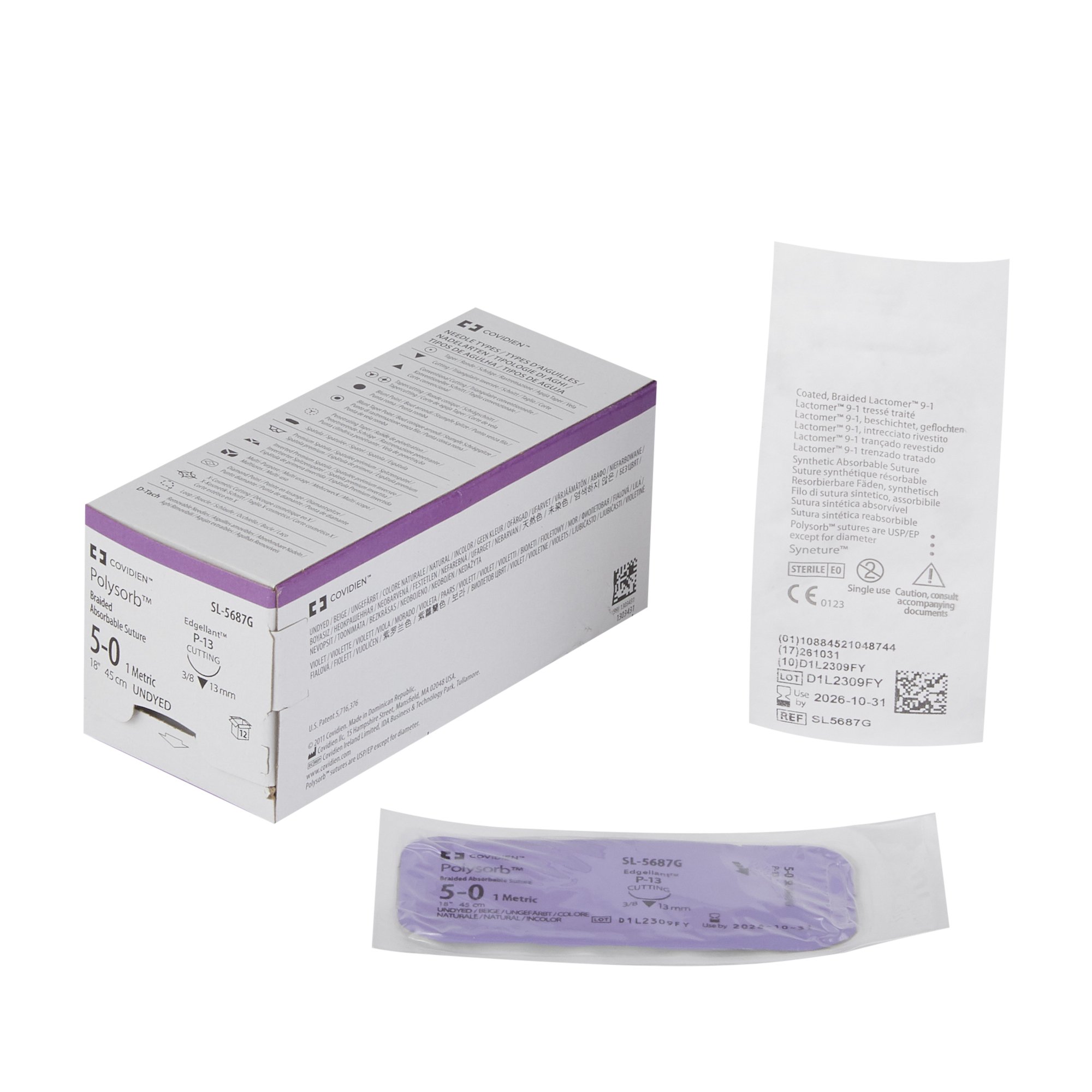 Suture with Needle Polysorb™ Absorbable  Polyester P-13 3/8 Circle Precision Reverse Cutting Needle Size 5 - 0 Braided by Medtronic/Minimally Invasive Therapies Group  ID SL-5687G